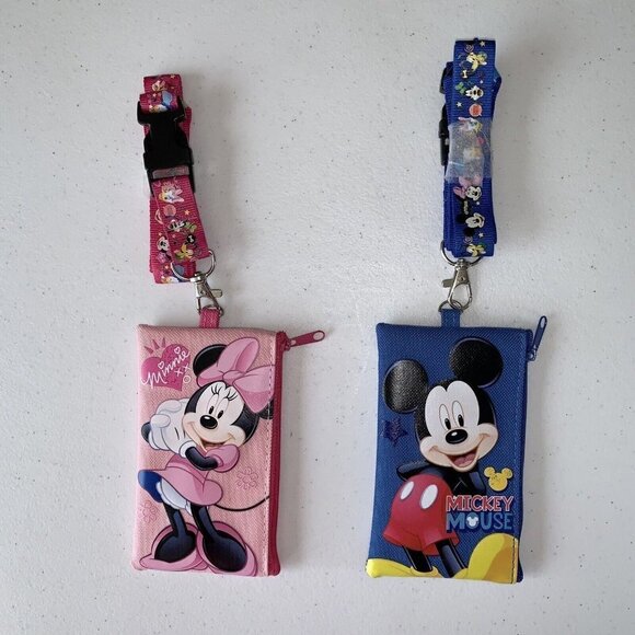 Disney Mickey & Minnie Set of 2 Lanyard ID Ticket Badge Key Chain Zip Pouch - Picture 1 of 4